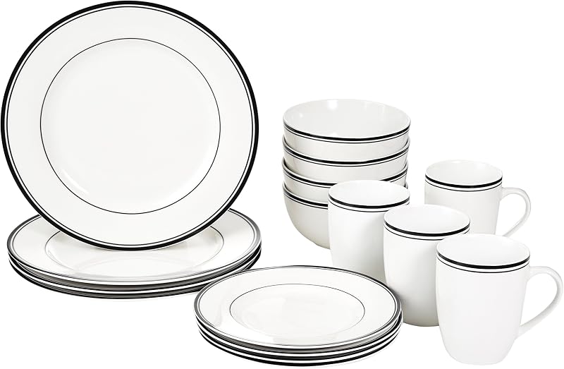 Amazon Basics 16-Piece Cafe Stripe Dinnerware Set, Microwave and Dishwasher Safe, Plates, Bowls, Mugs, Servic…
