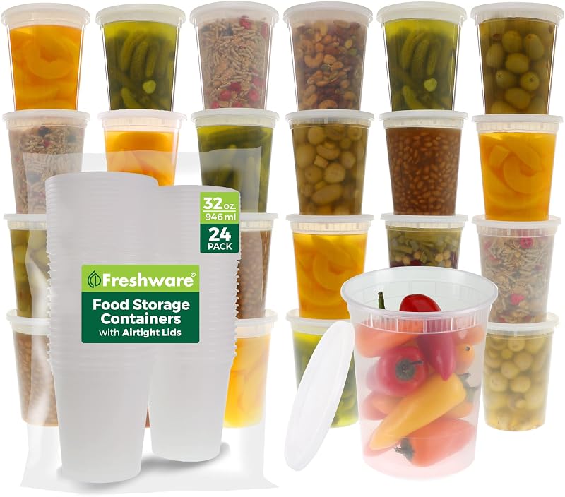 Freshware Food Storage Containers [24 Set] 32 oz Plastic Deli Containers with Lids, Slime, Soup, Meal Prep Co…