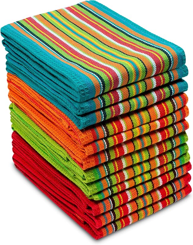 COTTON CRAFT Salsa Stripe Kitchen Towels - 12 Pack 100% Cotton Dish Cloth