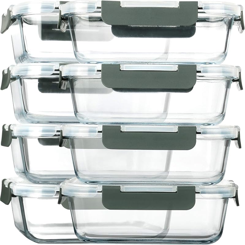 M MCIRCO 8 Pack,30 oz Glass Food Storage Containers with Lids, Gray