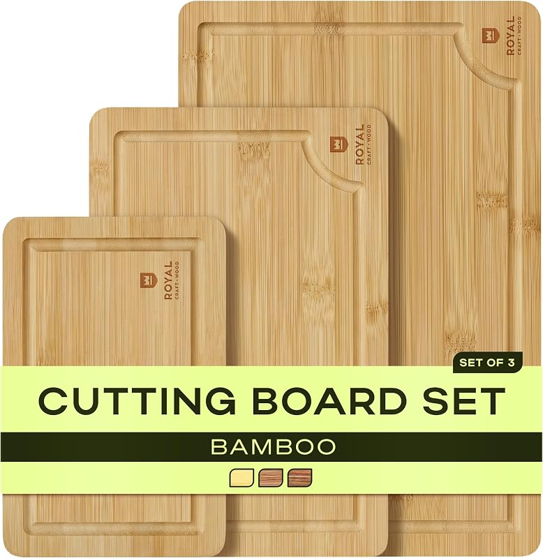 ROYAL CRAFT WOOD Wooden Cutting Boards for Kitchen Meal Prep & Serving - Bamboo Wood Serving Board Set with D…