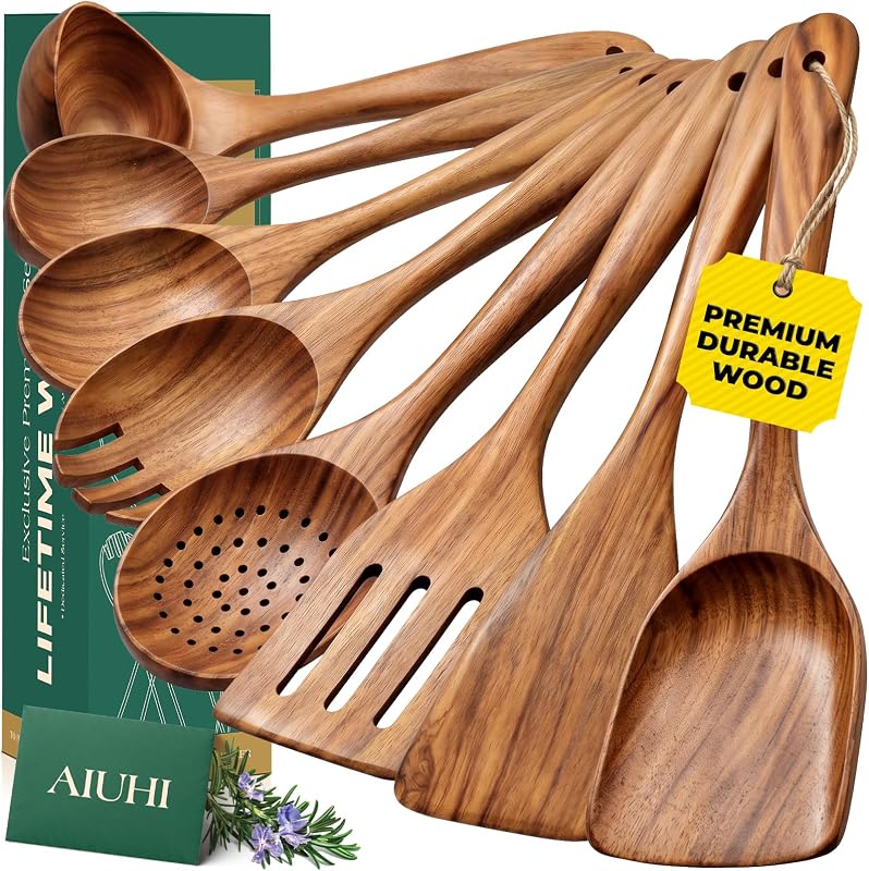 AIUHI Teak Wood 8-Piece Wooden Kitchen Utensils Set, Wooden Spoons for Cooking, Smooth Wood Spatula Set for N…