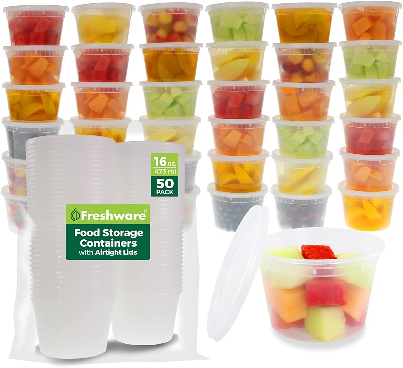 Freshware Food Storage Containers [50 Set] 16 oz Plastic Deli Containers with Lids, Slime, Soup, Meal Prep Co…