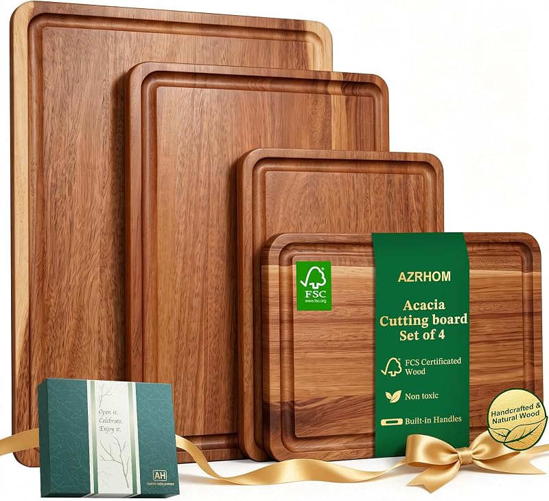 AZRHOM Large Solid Acacia Wooden Chopping Board Set of 4 for Kitchen