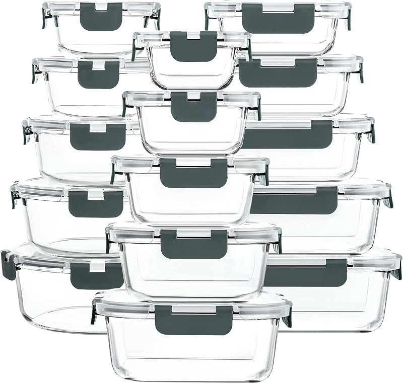 M MCIRCO 30 Piece Extra Large Glass Food Storage Containers with Lids,Gray