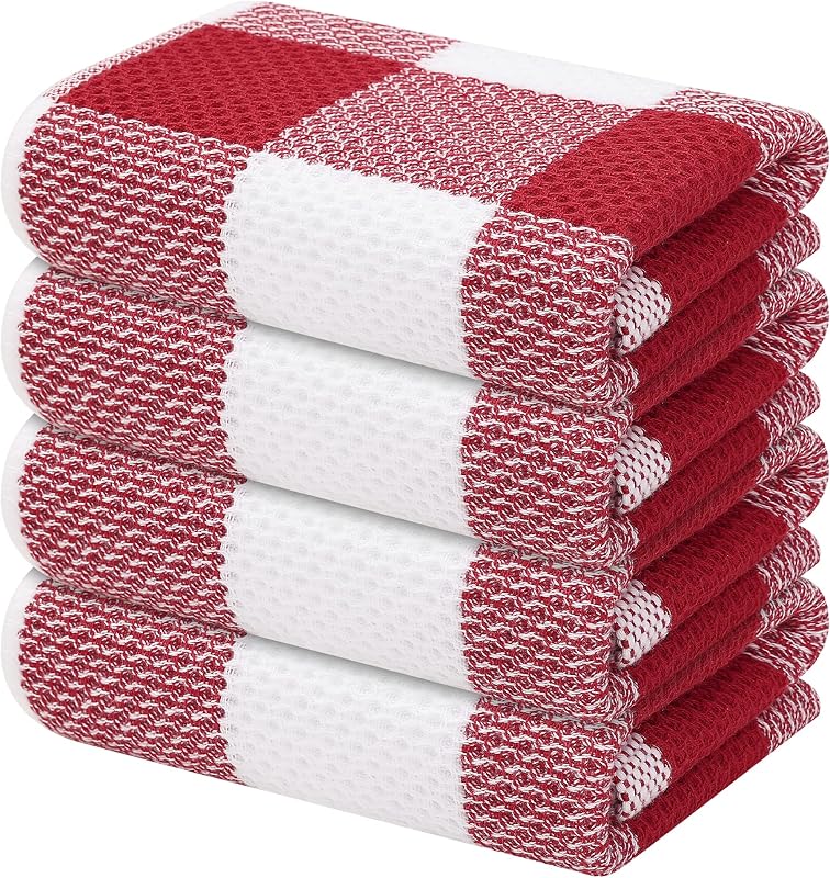 Mordimy Cotton Waffle Kitchen Towels, 13"x 28", 4 Pack, Red & White