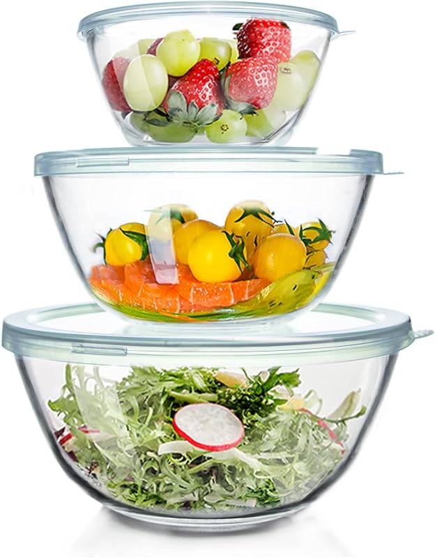 WhiteRhino Glass Mixing Bowls Glass Bowls with Lids Set(4.5QT,2.7QT, 1.1QT),Large Salad Bowls,glass mixing bo…