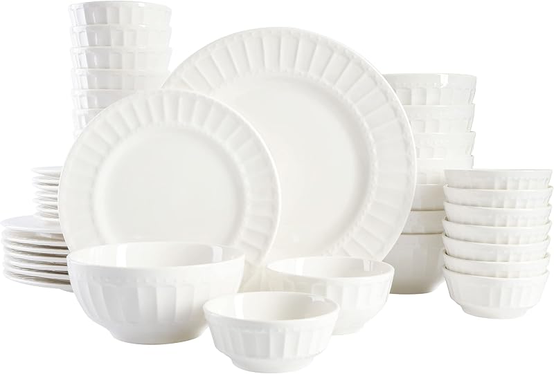 Gibson Home Zen Buffet Porcelain Ceramic Dinnerware Sets for 8, Plates and Bowls Set (40pcs), White Embossed…