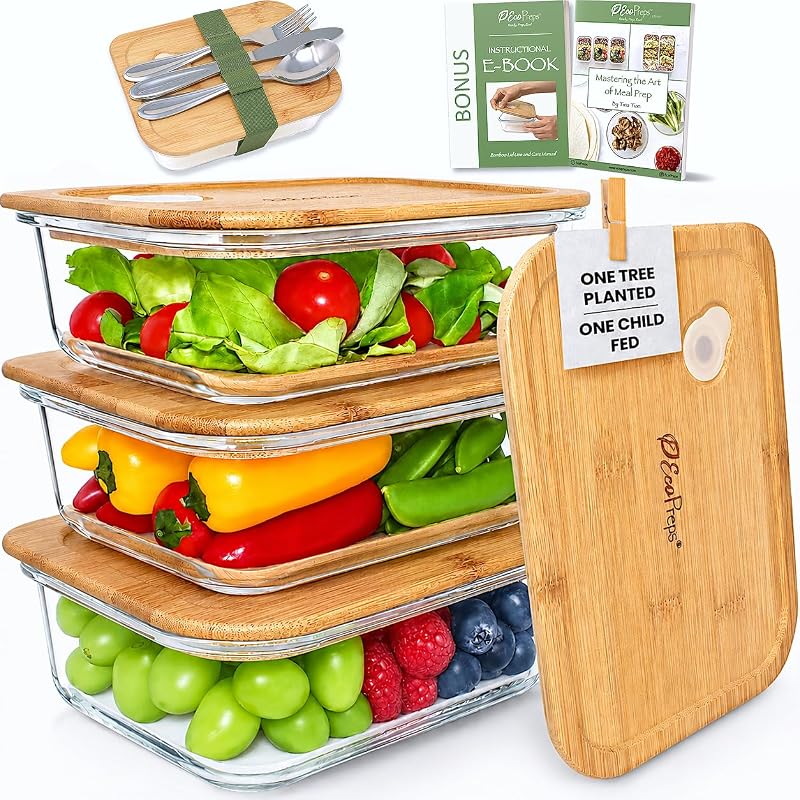 EcoPreps Patented Glass Meal Prep Containers with Bamboo Lids, 3 Pack, 36oz