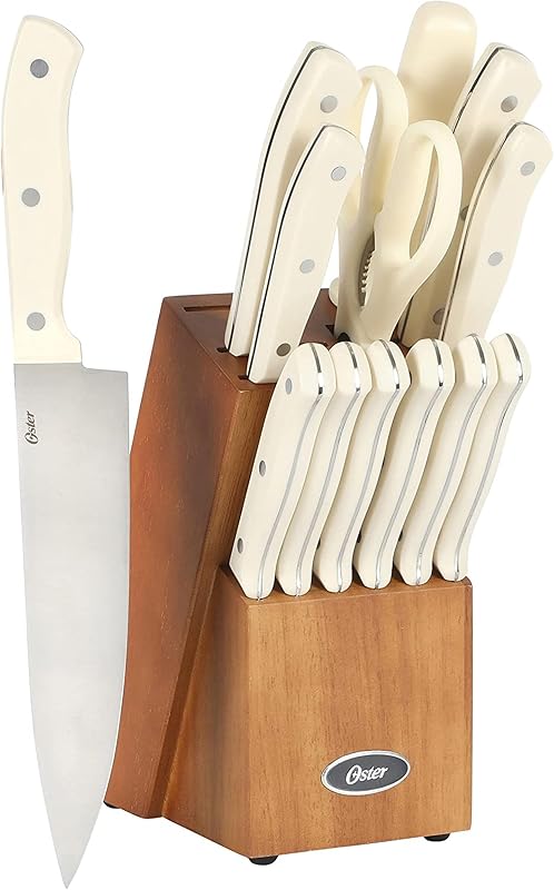 Oster Evansville 14 Piece Cutlery Kitchen Knife Block Set, Stainless Steel w/Linen White Handles - Cuchillos…