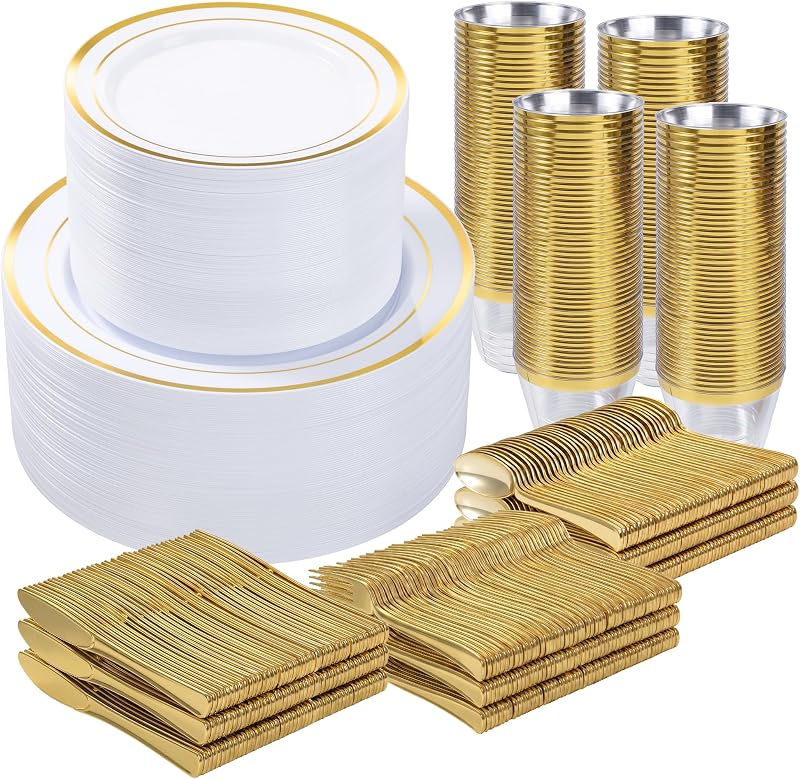 BESTVIP 600PCS Gold Dinnerware Set for 100 Guests,