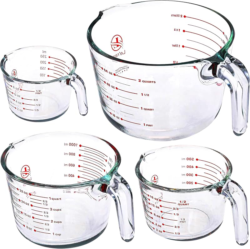 Le’raze Glass Measuring Cups Set of 4 – Heat-Resistant, Easy-Read Measurements, Ergonomic Handle & Pour Spout…