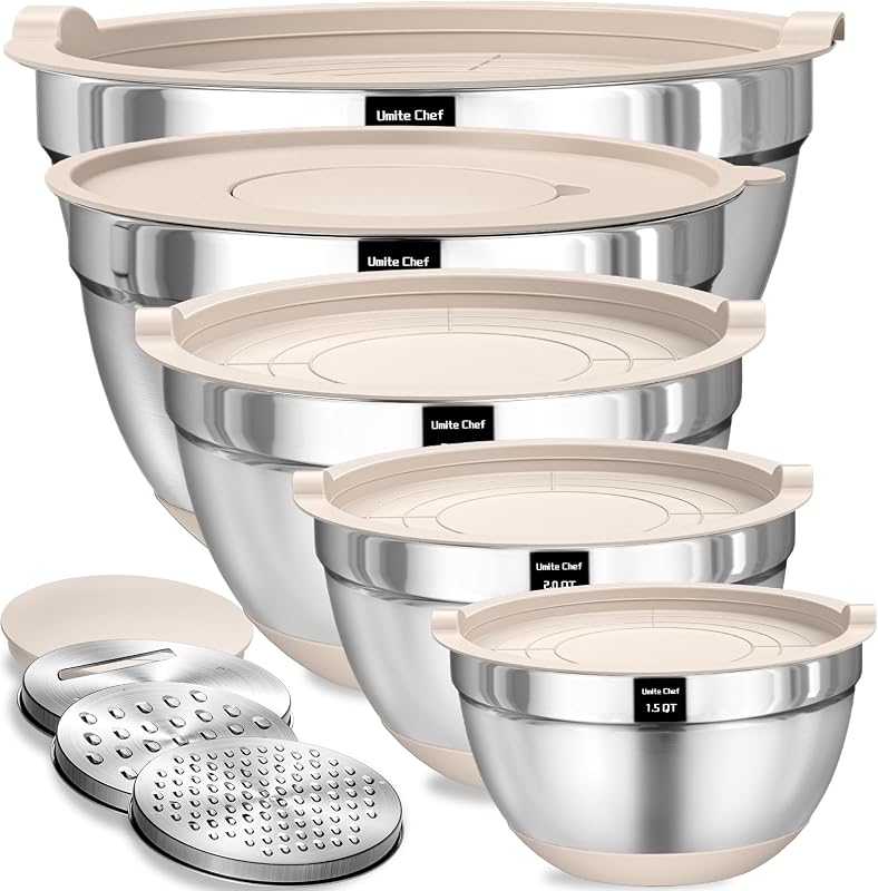 Umite Chef Mixing Bowls with Airtight Lids Set, 8PCS Stainless Steel Nesting Bowls with Grater Attachments, N…