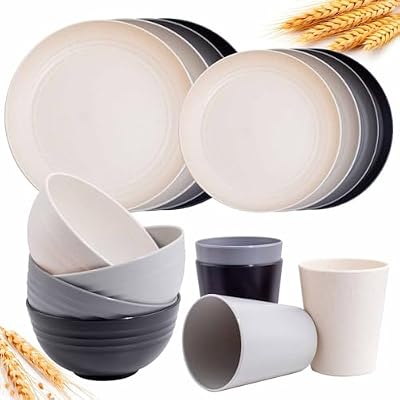 Rubtlamp Wheat Straw Dinnerware Sets, 16PCS Plastic Dinnerware Set for 4, Wheat Straw Plates and Bowls Sets,… — view 2