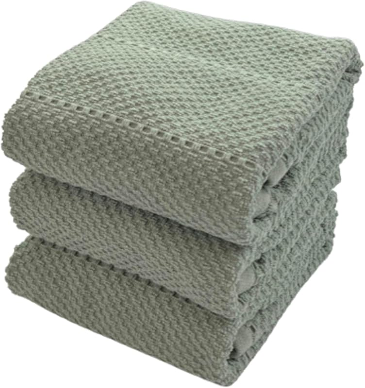 Sage Green Kitchen Hand Dish Towels, Set of 3, 100% Cotton, 18" x 28"