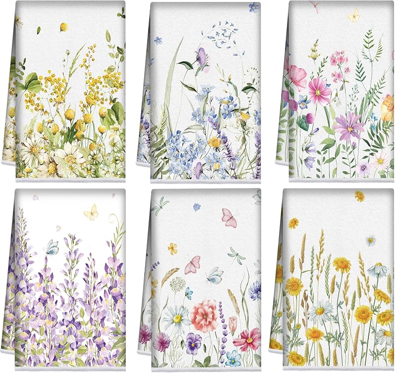 Redbaker 6 Pcs Wildflower Kitchen Towels Floral Butterfly Dish Cloth Set