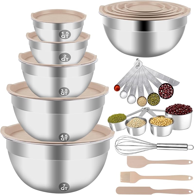 WEPSEN Mixing Bowls Set, 25PCS Khaki Mixing Bowls With Lids Set Stainless Steel Kitchen Large Nesting Metal B…