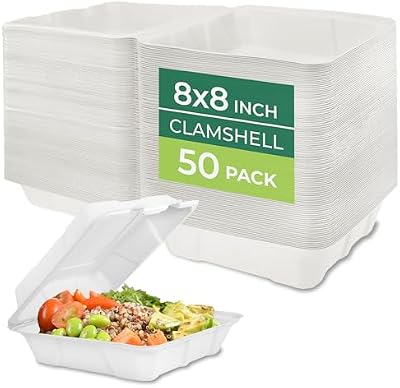 Freshware Compostable Clamshell Food Containers - 8x8" 50-Pack, Biodegradable Sugarcane To Go Boxes, Heavy Du… — view 2
