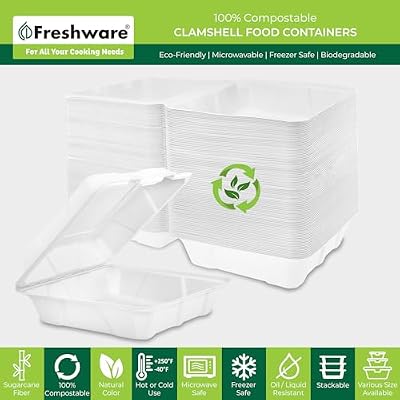 Freshware Compostable Clamshell Food Containers - 8x8" 50-Pack, Biodegradable Sugarcane To Go Boxes, Heavy Du… — view 3
