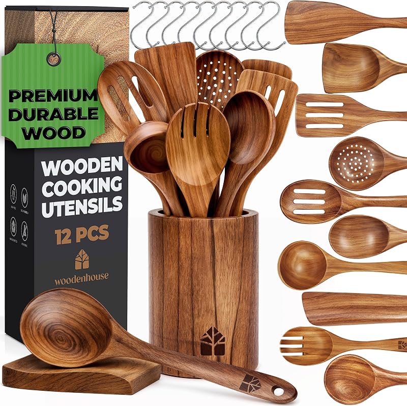 Wooden Spoons for Cooking, 12 Pcs Teak Utensil Set with Holder & Hooks