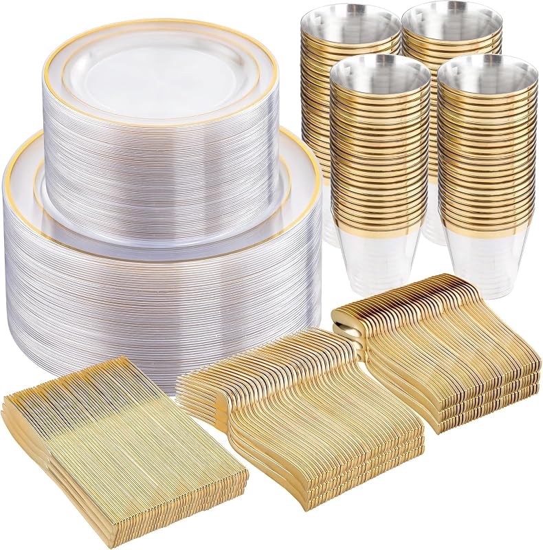 WELLIFE Clear Plates with Gold Trim, 600-Piece Plastic Dinnerware Set