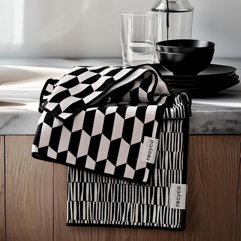 RECYCO Waffle Kitchen Towel Set of 2 - Quick Dry Microfiber Sustainable Dish Towels - Ultra Absorbent Reusabl…