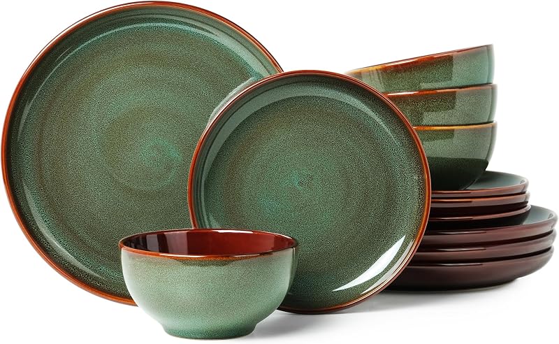 Pokini Ceramic Dinnerware Sets for 4, 12pcs Plates and Bowls Sets Dish Set