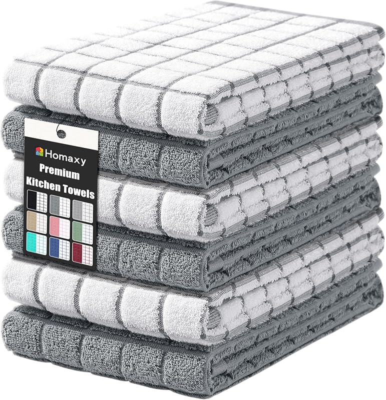 Homaxy Large Premium Cotton Kitchen Towels 16"x 28", 6 Pack, Grey