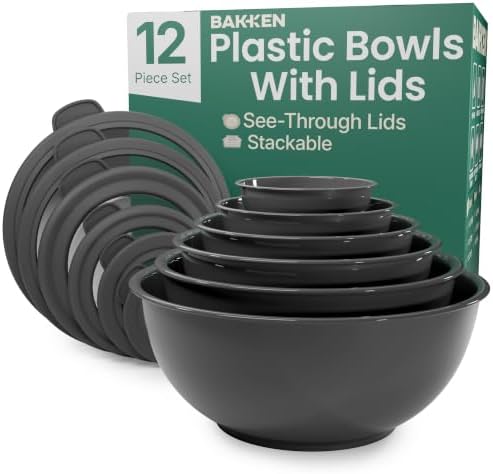 Bakken Master 12 Piece Plastic Nesting Bowls with Lids - Mixing Bowls Set includes 6 Prep Bowls and 6 Lids, B…