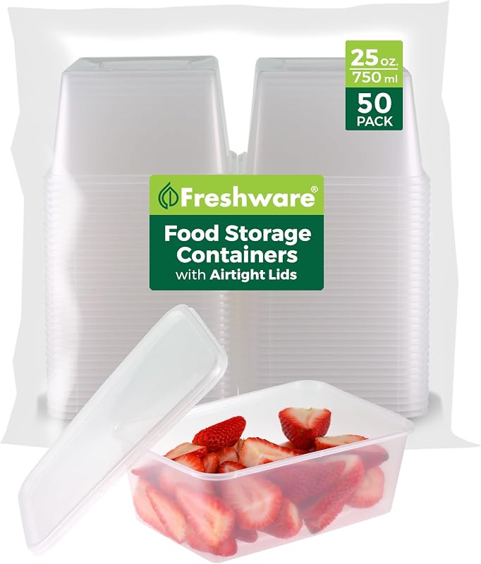 Freshware Food Storage Containers [50 Set] 25 oz Plastic Deli Containers with Lids, Slime, Soup, Meal Prep Co…