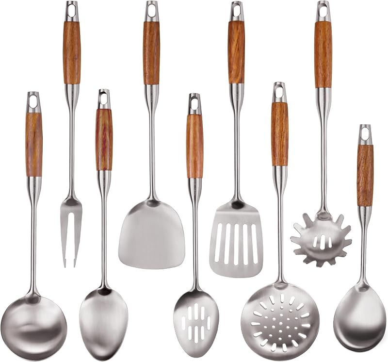 9 PCS 304 Stainless Steel Cooking Utensils set with Wooden Handle, Metal Kitchen Utensils Set, Large Heat Res…