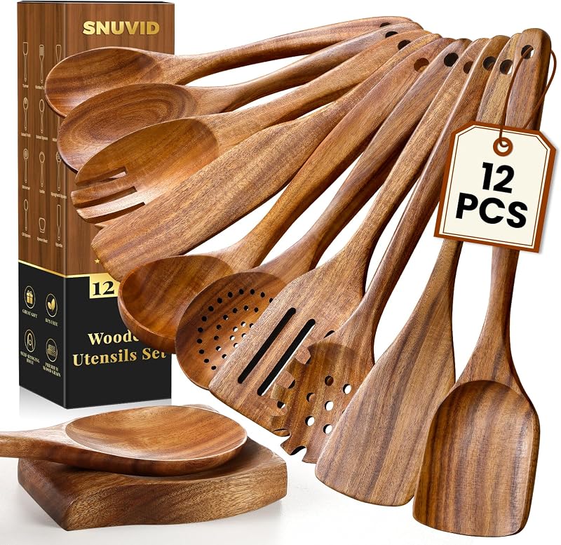 Wooden Spoons for Cooking, 12 Pcs Teak Wood Kitchen Utensils Set with Spoon Rest - Nonstick Heat Resistant Wo…