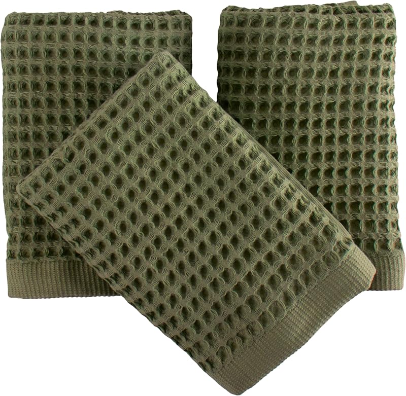 PÜSKÜL Natural 100% Turkish Cotton Waffle Hand and Kitchen Towels Set of 3