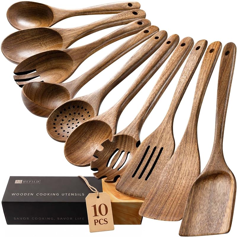 Wooden Spoons for Cooking, 10-Piece Acacia Wood Cooking Utensil Set