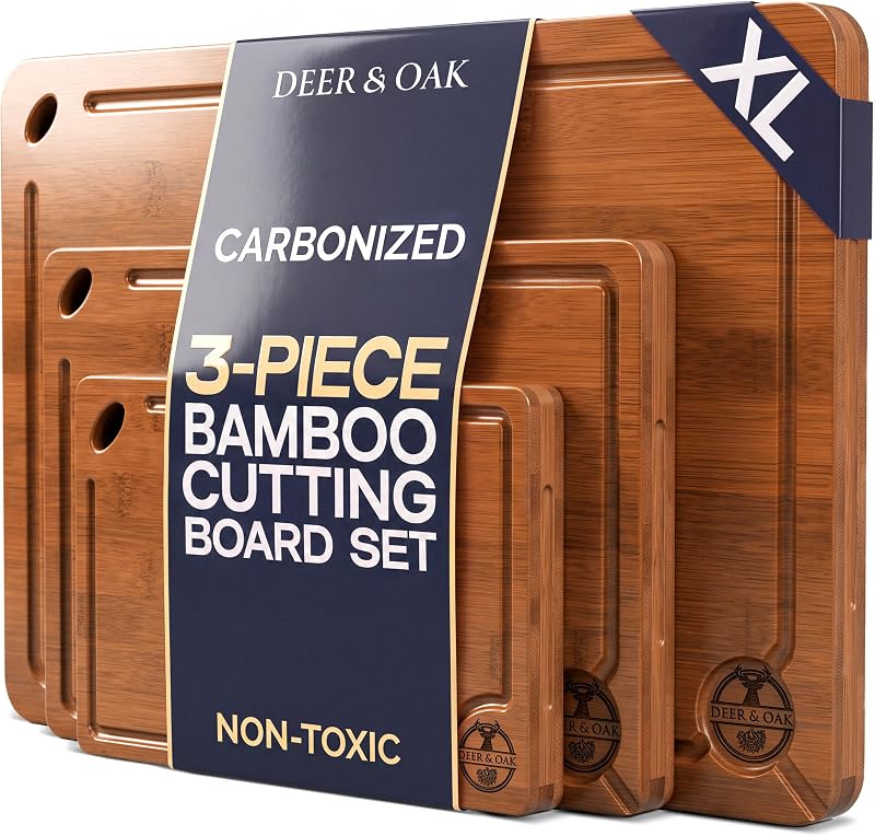 Pre-Oiled, Non Toxic 3-Piece Carbonized Bamboo Cutting Board Set