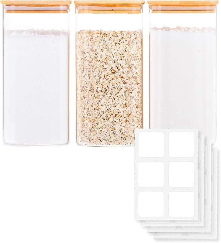 GIRAFFYCO Square Borosilicate Glass Storage Jars, 3 Pack, 50 oz/1600 ml