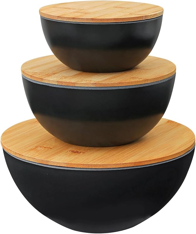 Eco-Friendly Bamboo Fiber Meal Prep Bowl Set with Lids (3 Pack), Sustainable Mixing & Serving Bowls for Kitch…