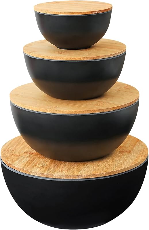 Eco-Friendly Bamboo Fiber Meal Prep Bowl Set with Lids (4 Pack), Sustainable Mixing & Serving Bowls for Kitch…