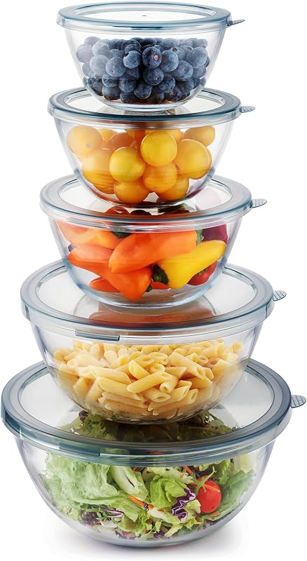 Cuiselct 5pcs Glass Mixing Bowls with Lids Set, Nesting Mixing Bowls Set