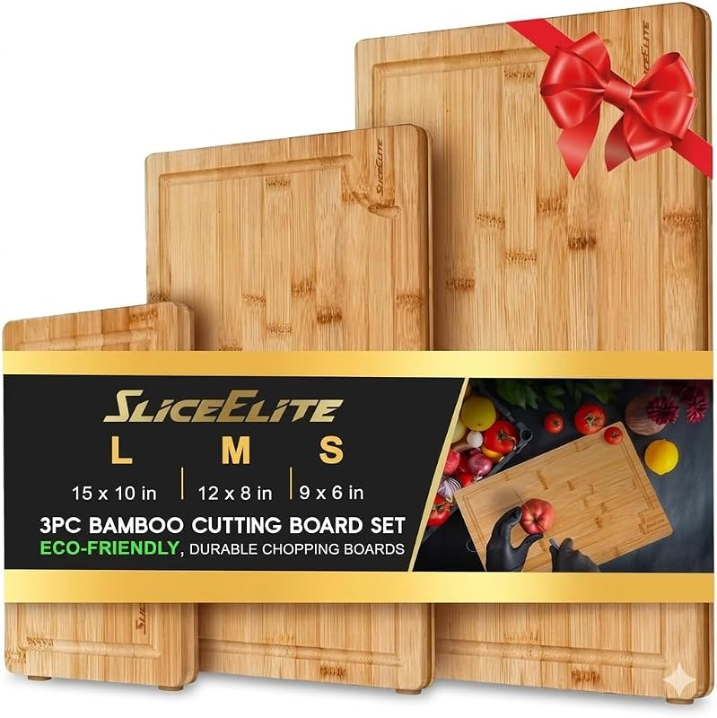 SliceElite Bamboo Cutting Board Set of 3 Wooden Cutting Boards for Kitchen with Juice Grooves Side Handles Ba…