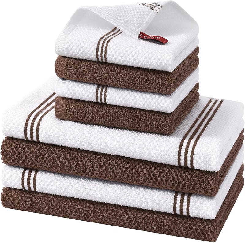 Homaxy Dual Design Kitchen Towels and Dishcloths Set, 8 Pack, Brown