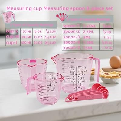Pink Plastic Measuring cup Measuring spoon Set: 3 Stackable Liquid Measuring Cups 150/300/600ml and 5 Spoons… — view 3
