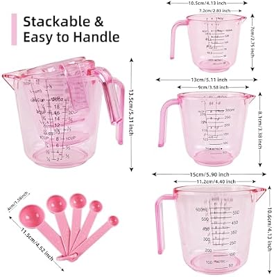 Pink Plastic Measuring cup Measuring spoon Set: 3 Stackable Liquid Measuring Cups 150/300/600ml and 5 Spoons… — view 4