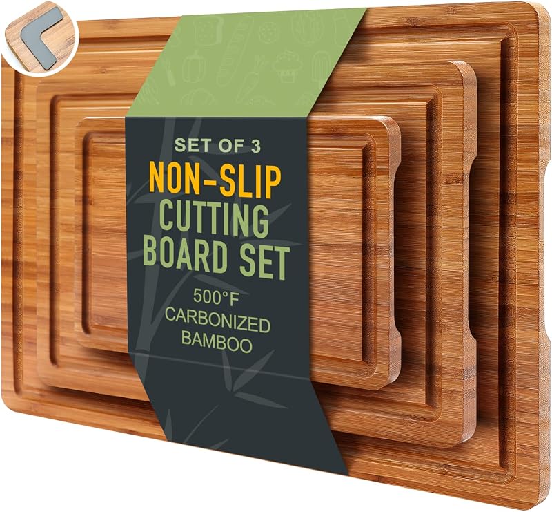 3 Pcs Bamboo Cutting Board Set with Non Slip Wood Non Toxic Chopping Boards