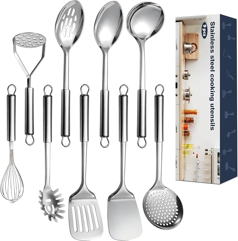 9 Pcs Cooking Utensils Set, Stainless Steel Kitchen Utensils, Heat Resistant Metal Kitchen Tools Include Soli…