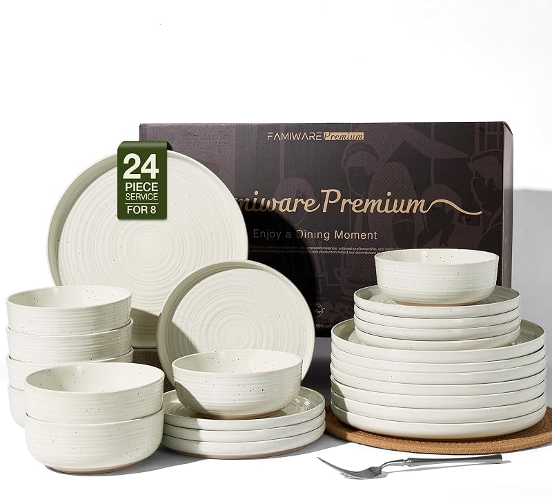 Stoneware Dinnerware Sets for 8, Plates and Bowls, Cream