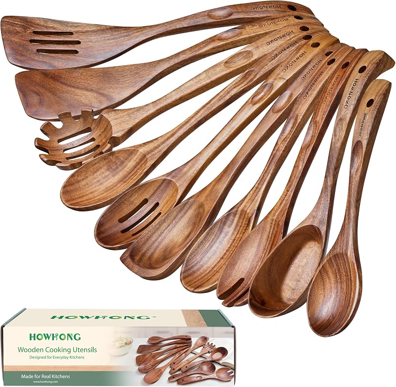 HOWHONG 10-Piece Acacia Wood Cooking Utensil Set for Nonstick Cookware