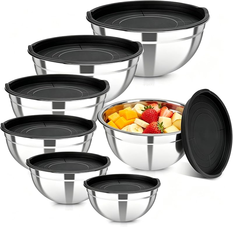 Stainless Steel Mixing Bowls with Lids, 7-Piece Nesting Bowl Set