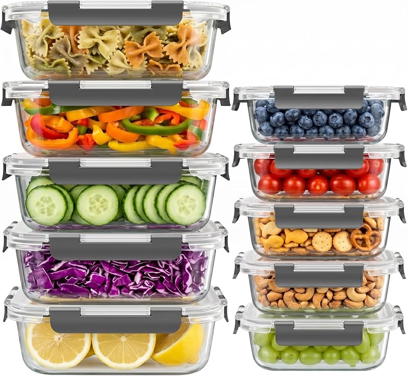 Dealusy 10 Sets 36 oz & 12 oz Glass Food Storage Containers with lids, Gray