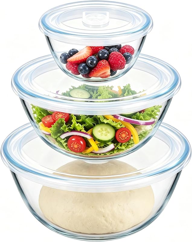 E-far Glass Mixing Bowls with Airtight Lids Set for Prep Salad Serving